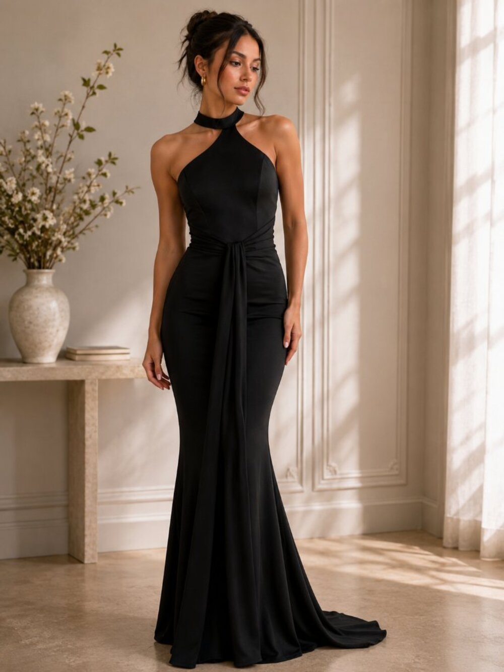 AOSHABABI Women's Cocktail Dresses Elegant Black Satin Halter size xsmall
